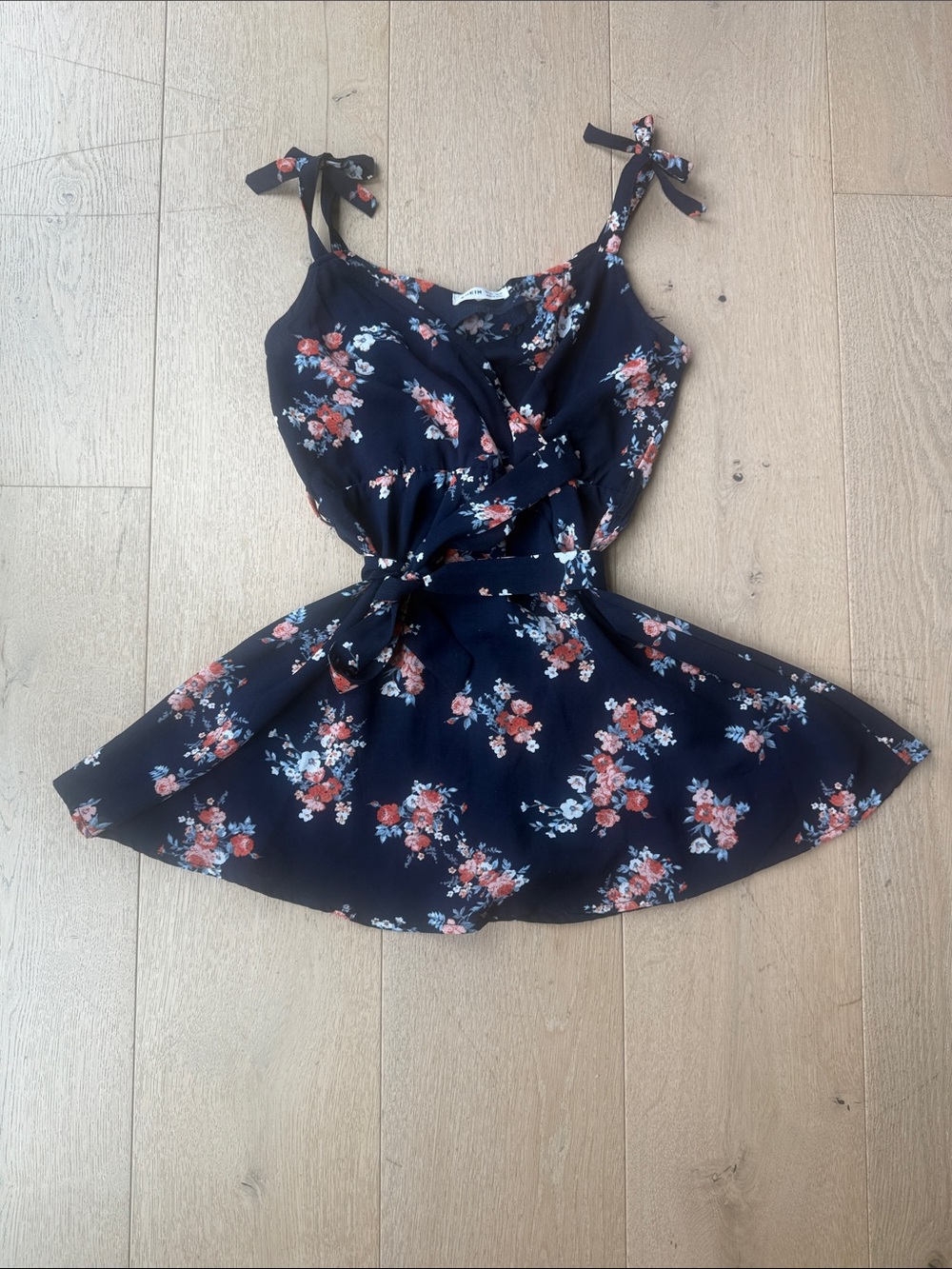 SHEIN Navy Floral Tie-Shoulder Romper with Red and White Accents